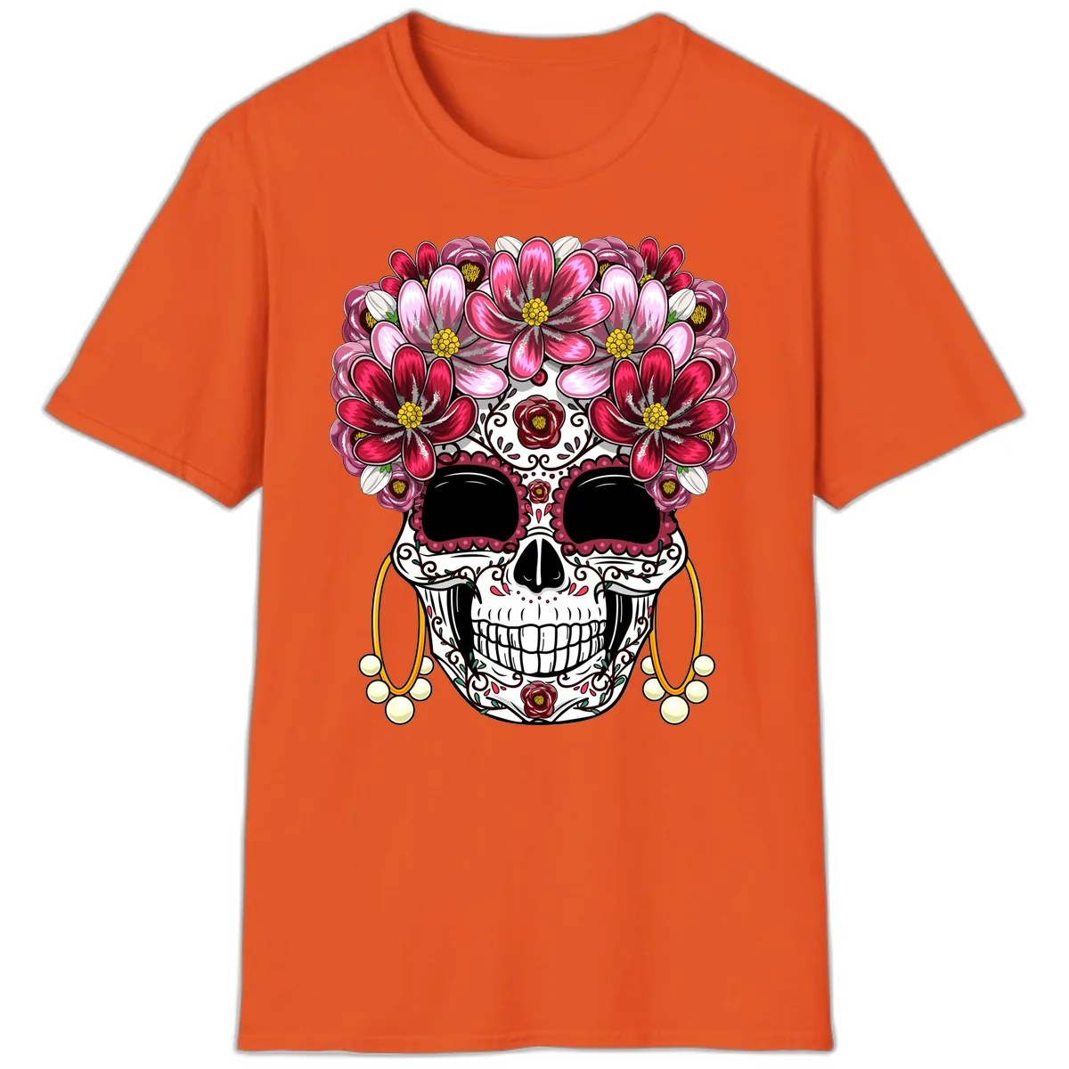 Elaborate Calavera with Vibrant Flower Crown T-Shirt in Orange