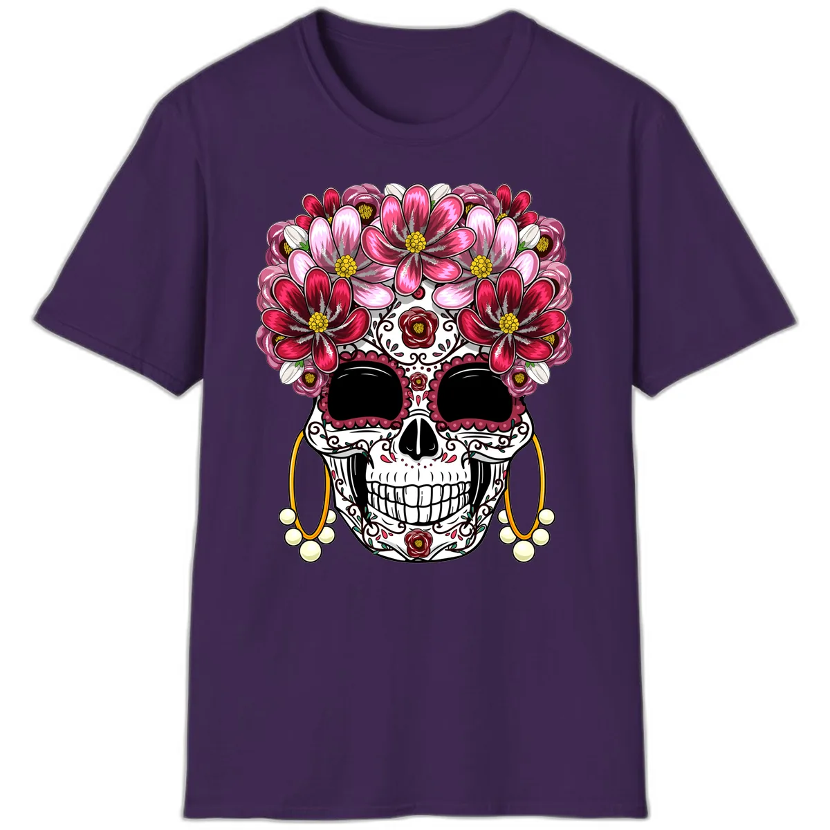 Elaborate Calavera with Vibrant Flower Crown T-Shirt in Purple