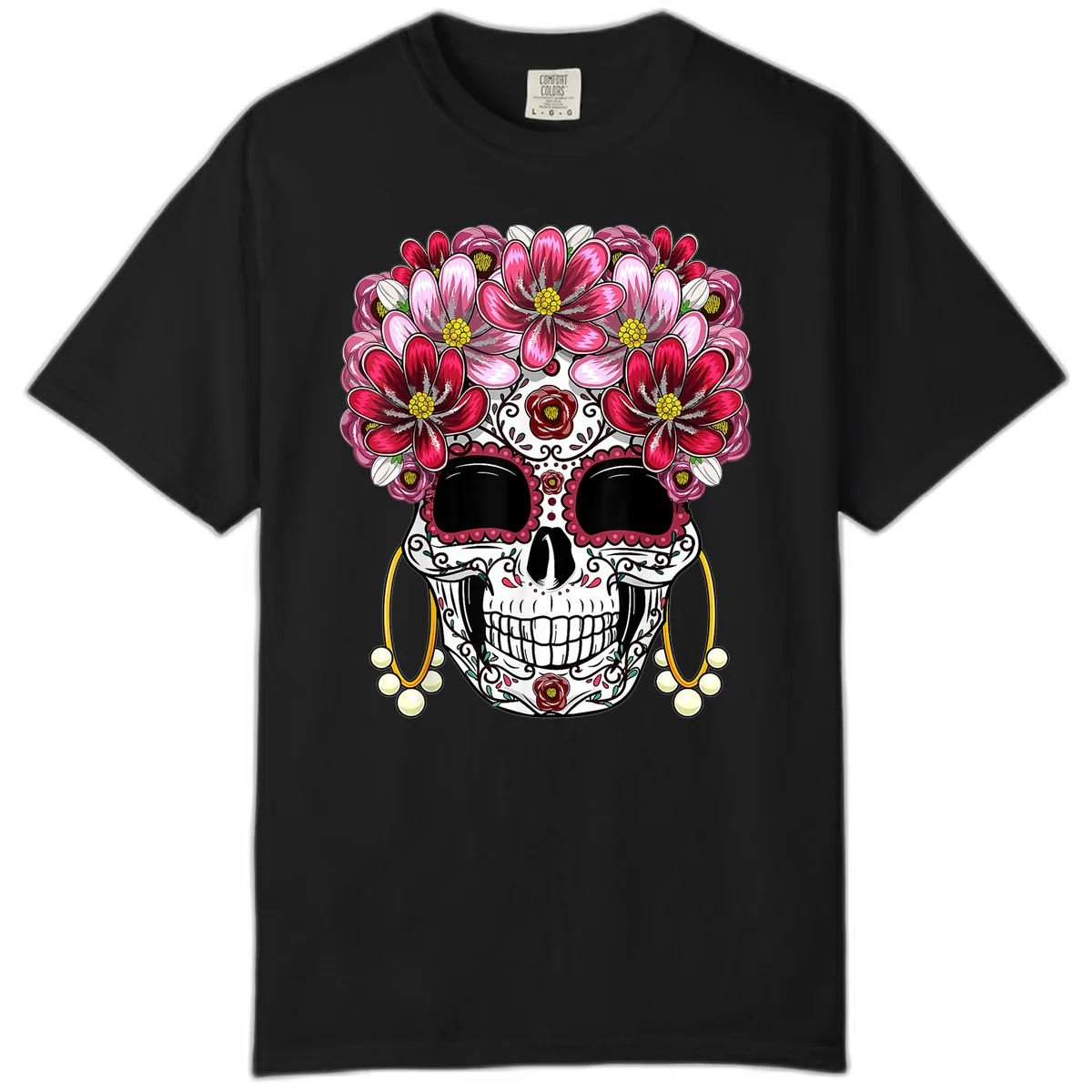 Sugar Skull with Floral Crown and Ornate Details Comfort Color in Black