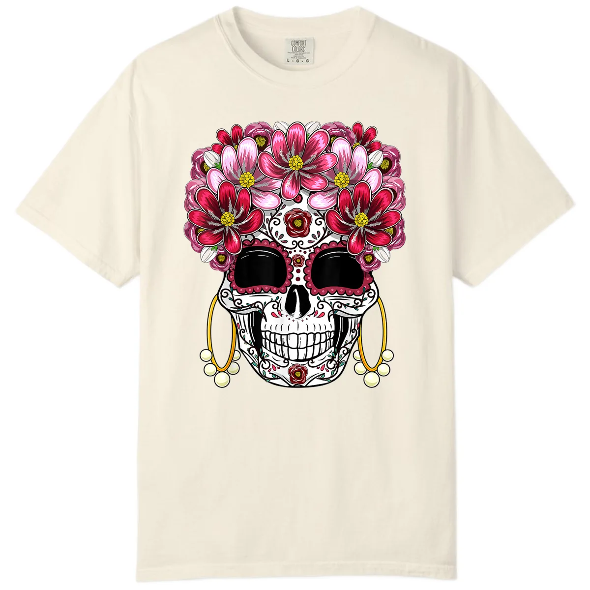 Sugar Skull with Floral Crown and Ornate Details Comfort Color in Ivory