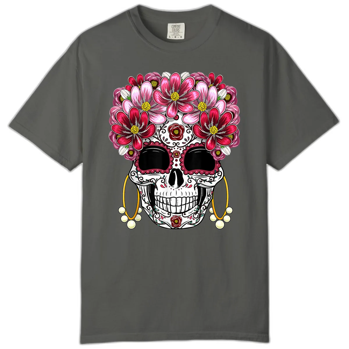 Sugar Skull with Floral Crown and Ornate Details Comfort Color in Pepper