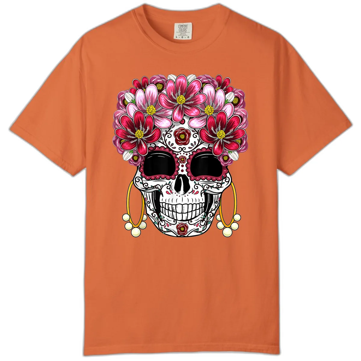 Sugar Skull with Floral Crown and Ornate Details Comfort Color in Burnt Orange