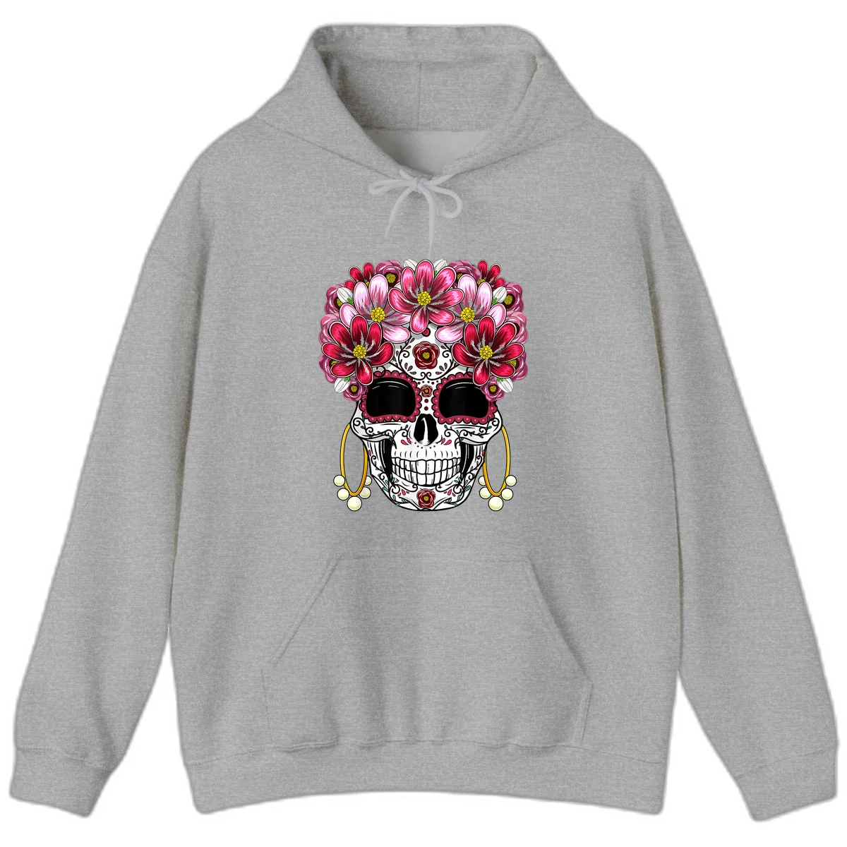 Sugar Skull with Floral Crown and Ornate Details Hoodie in Sport Grey