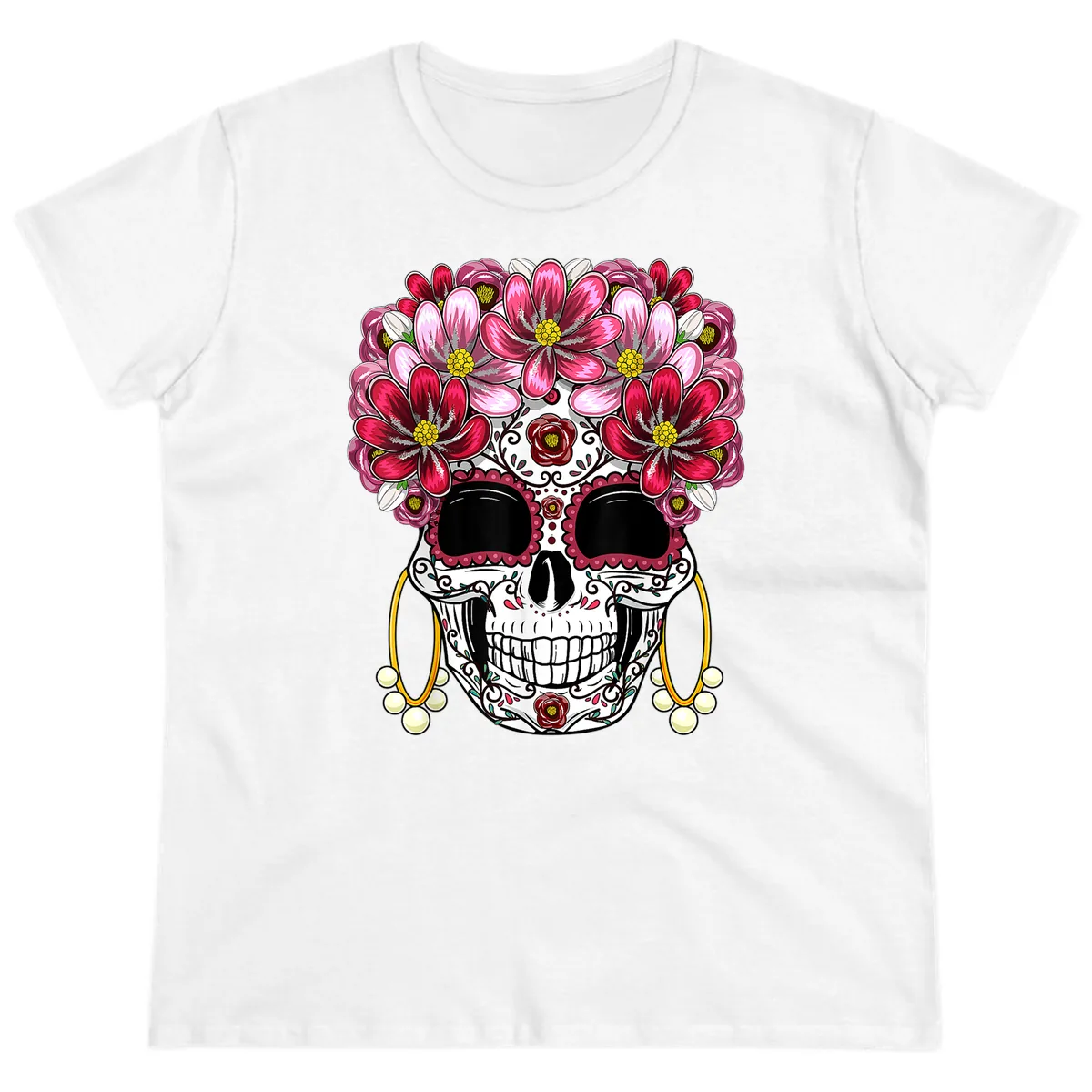 Sugar Skull with Floral Crown and Ornate Details Ladies Tee in White