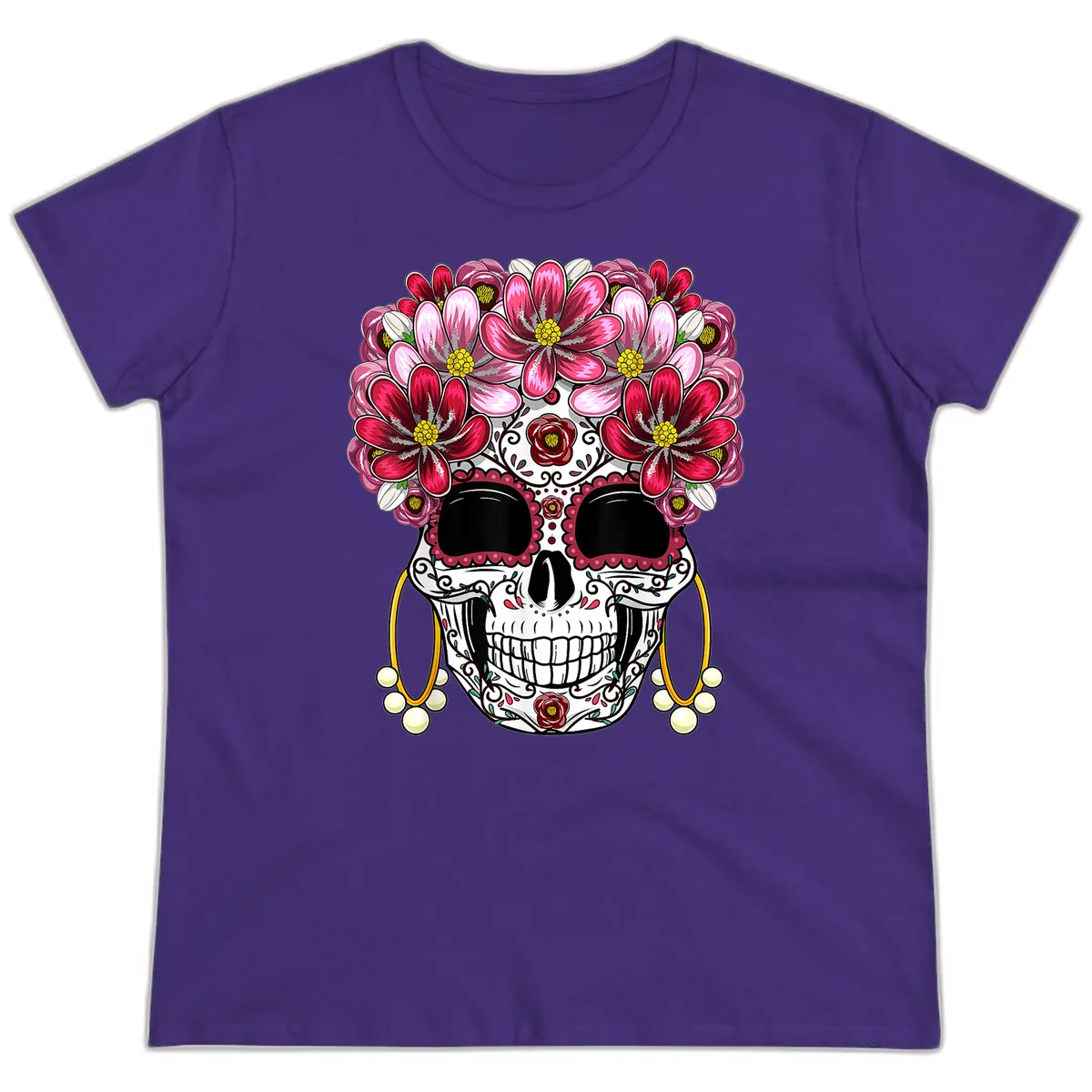 Sugar Skull with Floral Crown and Ornate Details Ladies Tee in Purple
