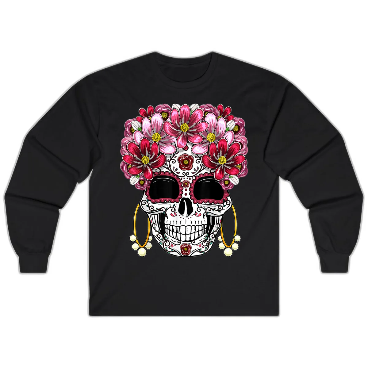 Sugar Skull with Floral Crown and Ornate Details Long Sleeve in Black