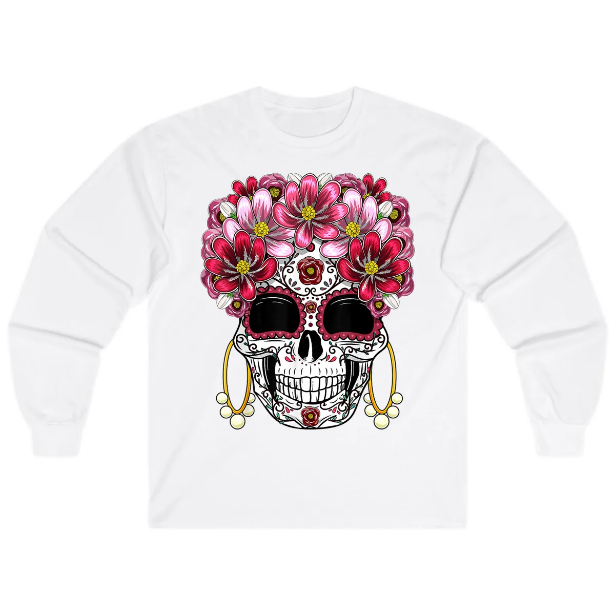 Sugar Skull with Floral Crown and Ornate Details Long Sleeve in White