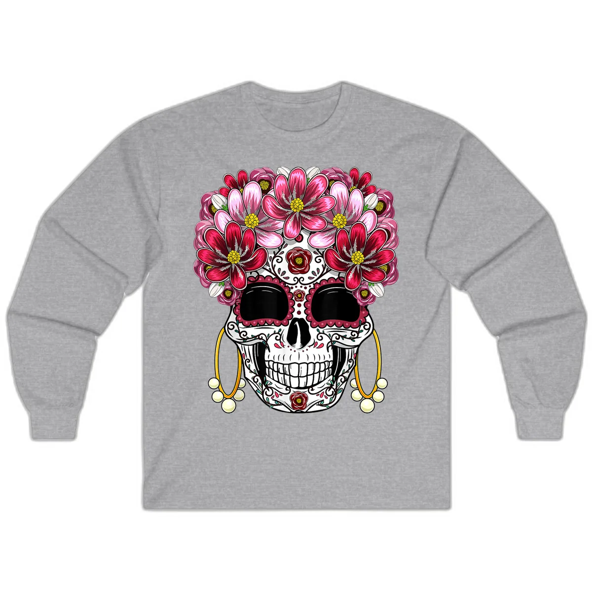 Sugar Skull with Floral Crown and Ornate Details Long Sleeve in Sport Grey