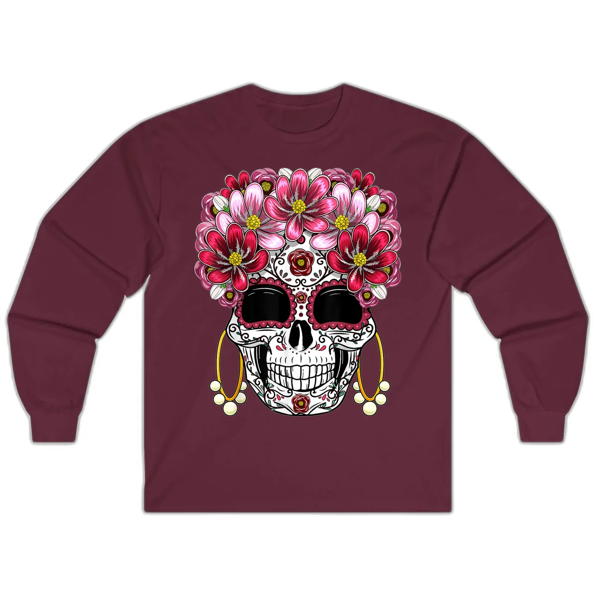 Sugar Skull with Floral Crown and Ornate Details Long Sleeve in Maroon