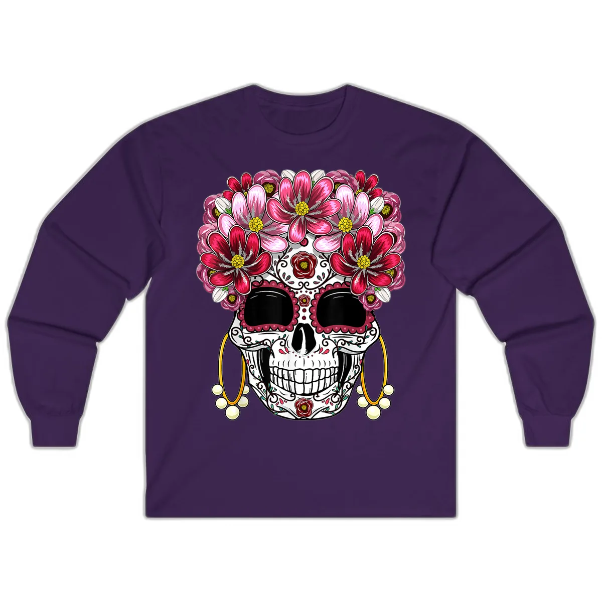 Sugar Skull with Floral Crown and Ornate Details Long Sleeve in Purple