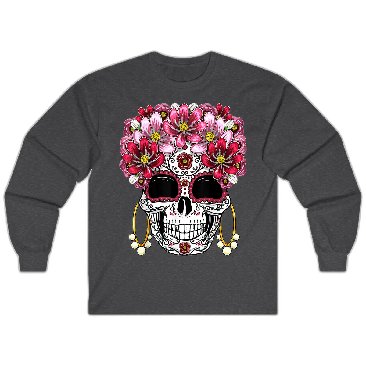 Sugar Skull with Floral Crown and Ornate Details Long Sleeve in Dark Heather