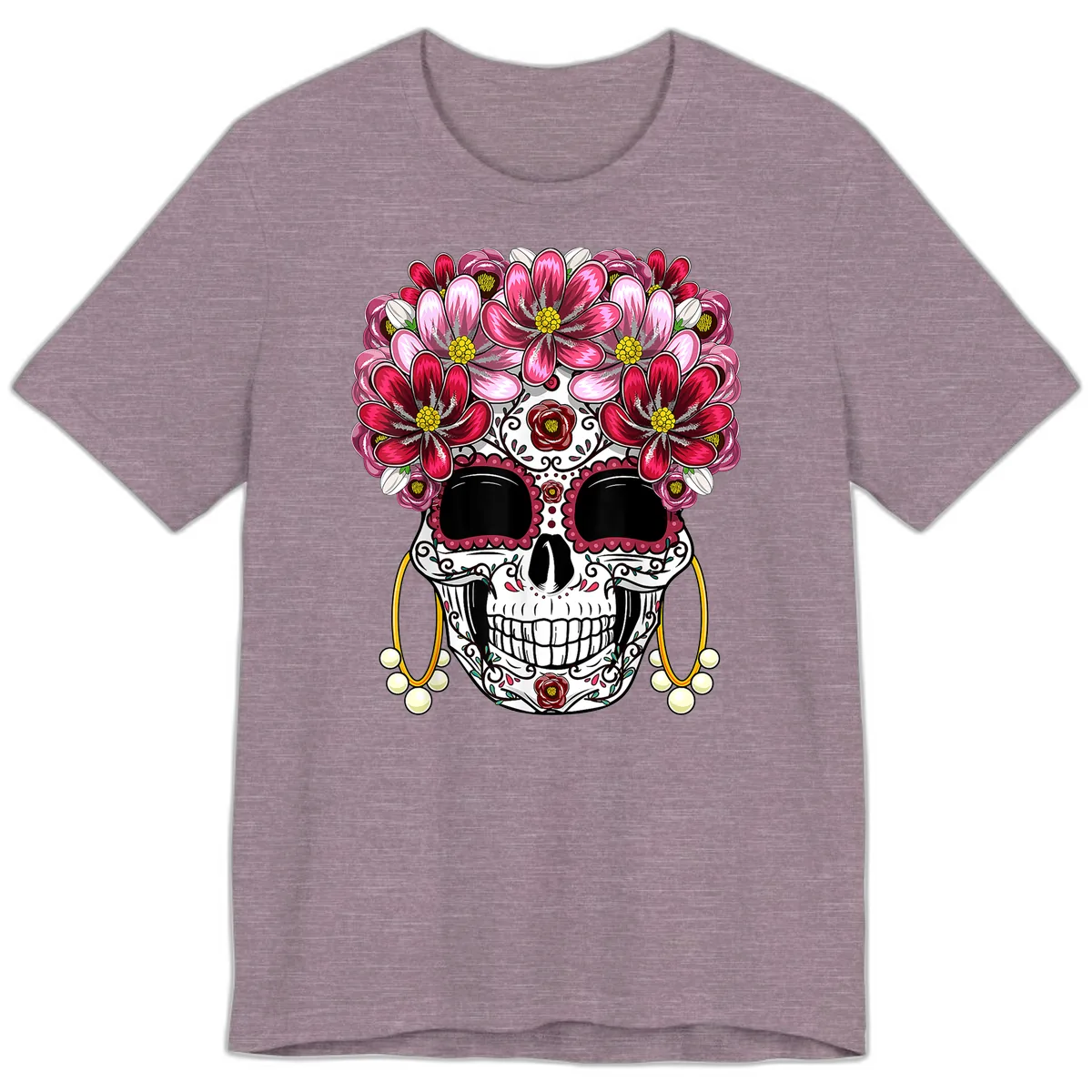 Sugar Skull with Floral Crown and Ornate Details Premium T-Shirt in Heather Purple