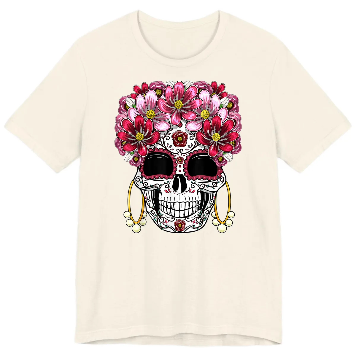 Sugar Skull with Floral Crown and Ornate Details Premium T-Shirt in Natural