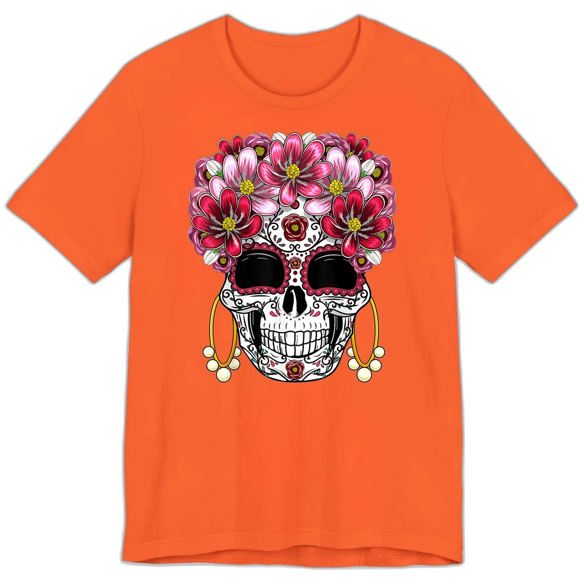 Sugar Skull with Floral Crown and Ornate Details Premium T-Shirt in Orange