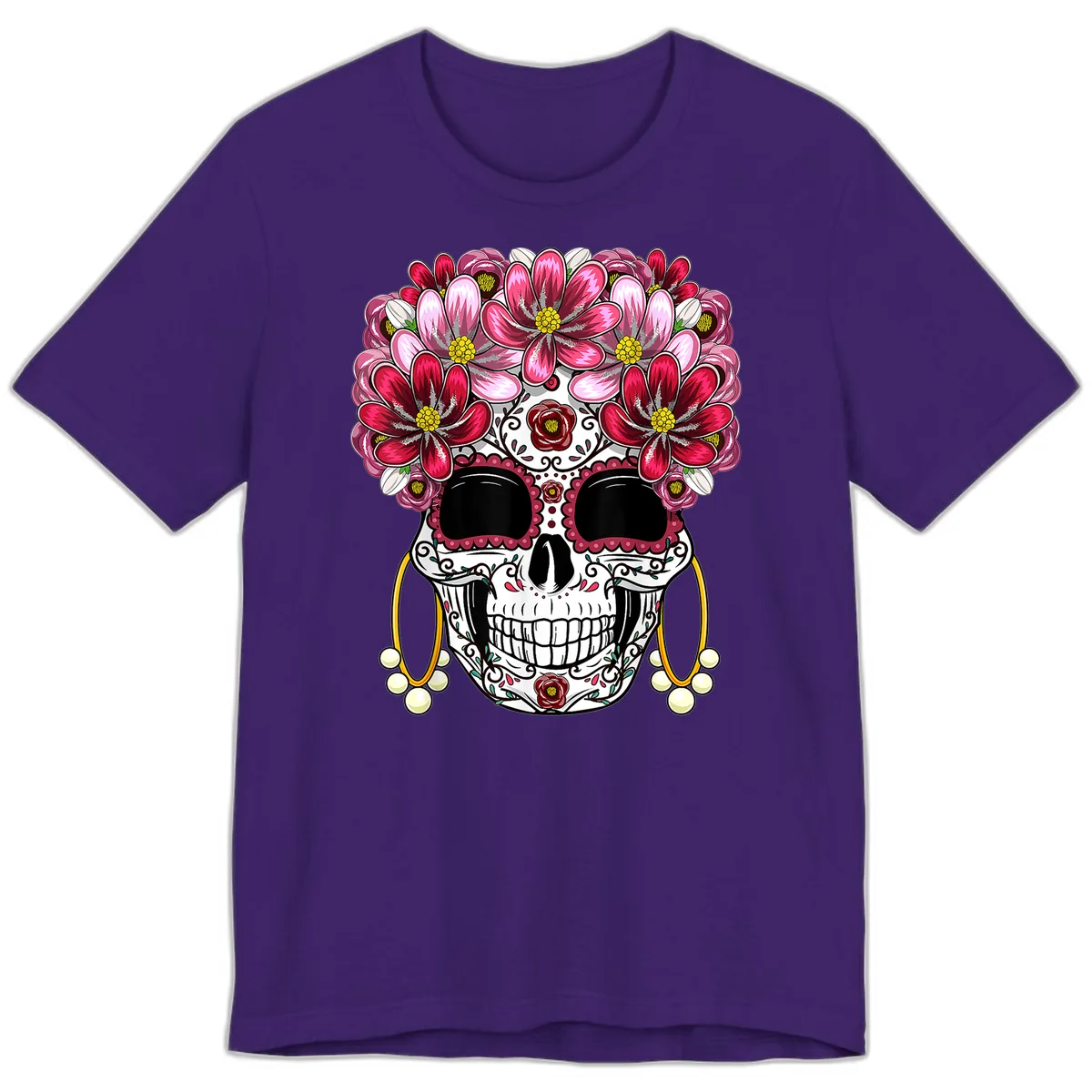 Sugar Skull with Floral Crown and Ornate Details Premium T-Shirt in Team Purple