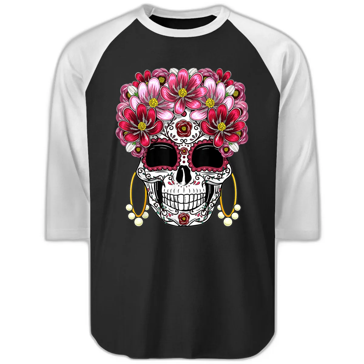 Sugar Skull with Floral Crown and Ornate Details Raglan 3/4 in Black White
