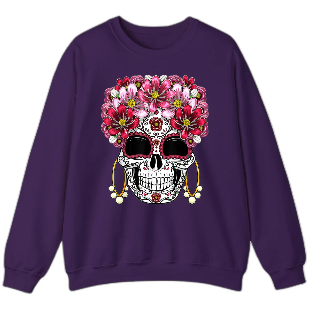 Sugar Skull with Floral Crown and Ornate Details Sweatshirt in Purple