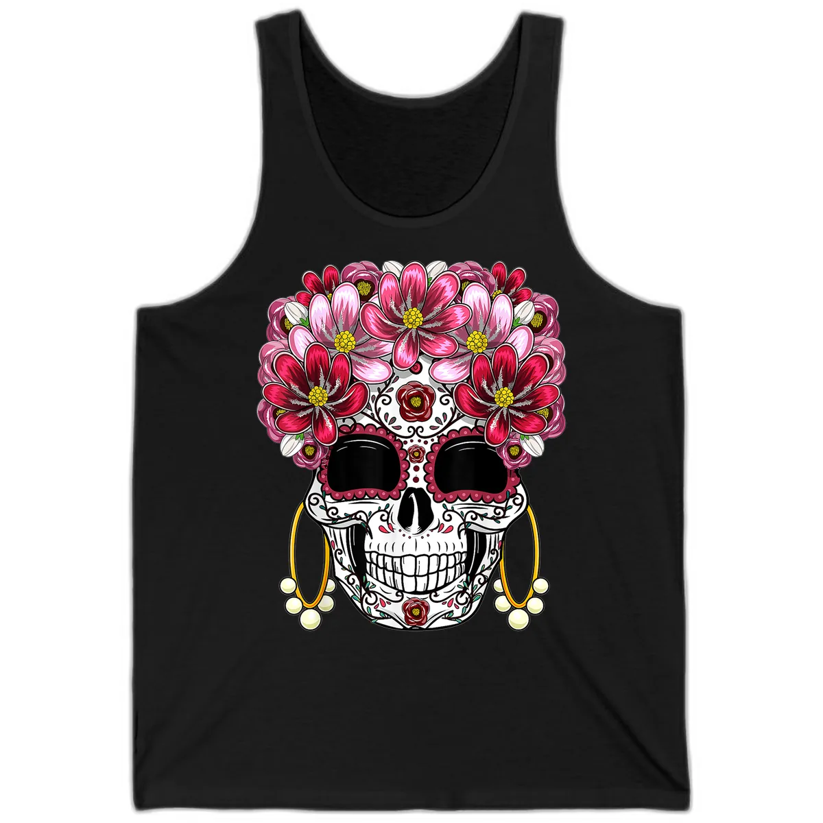 Sugar Skull with Floral Crown and Ornate Details Tank in Black