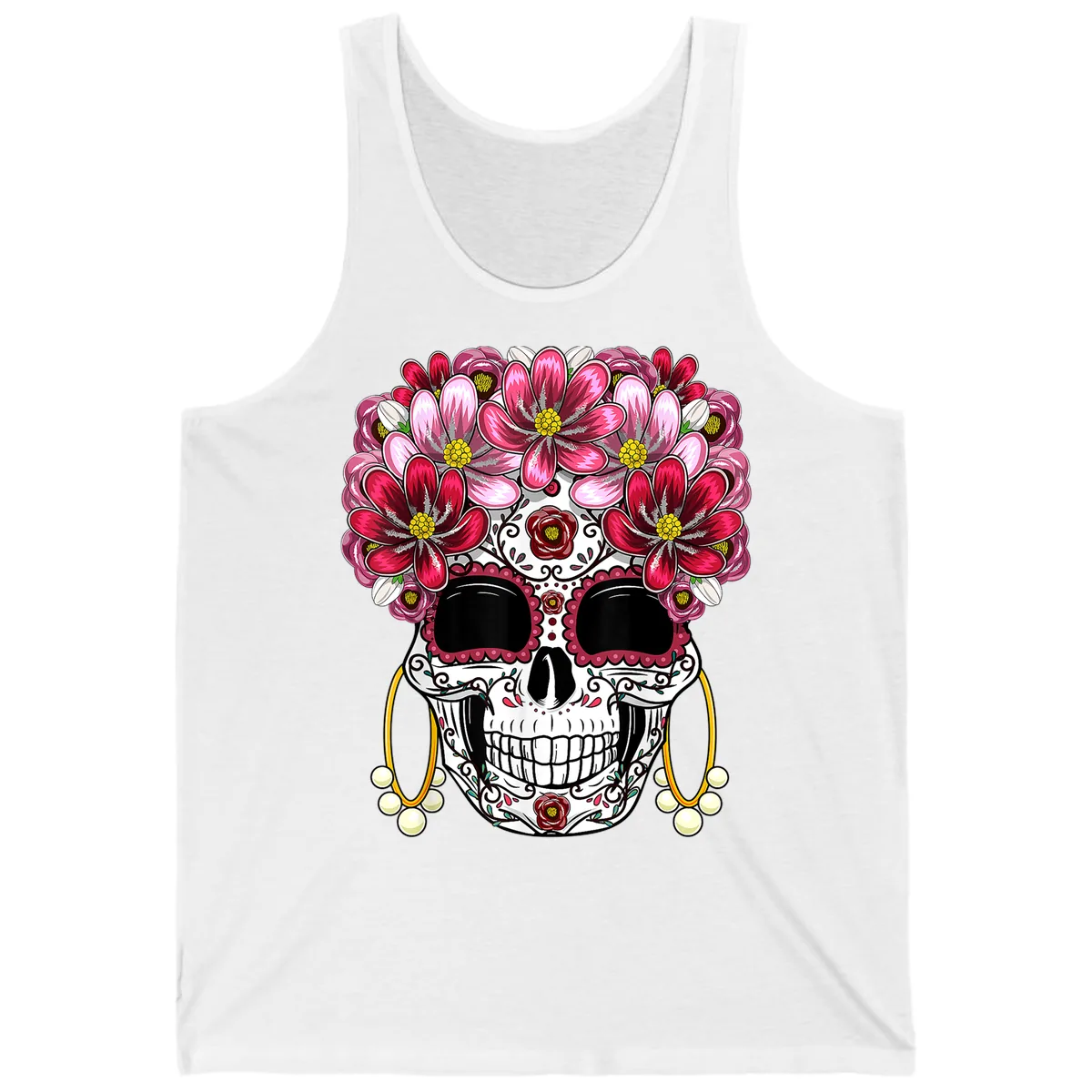 Sugar Skull with Floral Crown and Ornate Details Tank in White