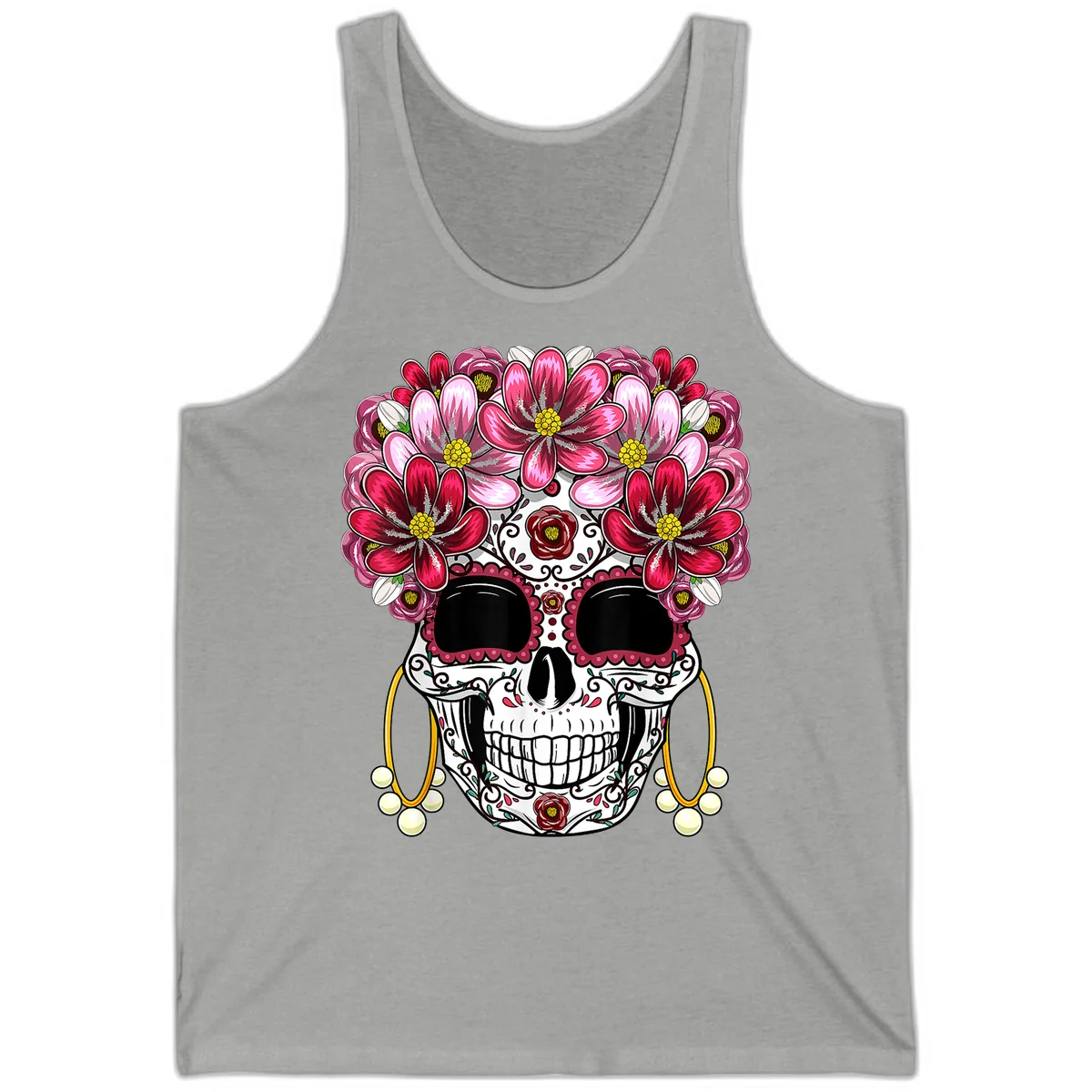 Sugar Skull with Floral Crown and Ornate Details Tank in Athletic Heather