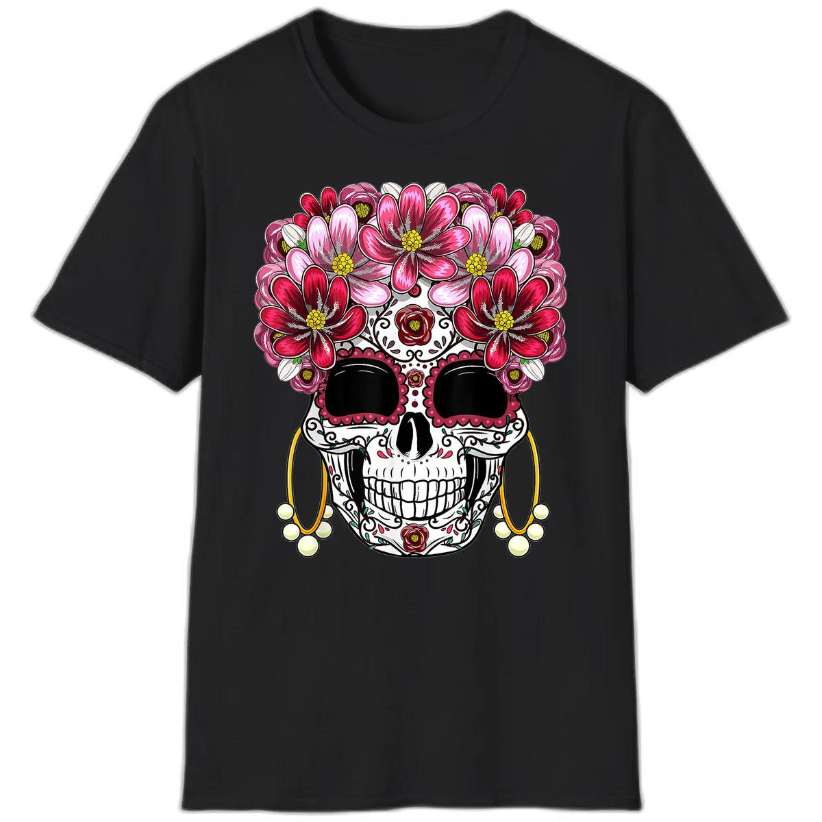 Sugar Skull with Floral Crown and Ornate Details T-Shirt in Black