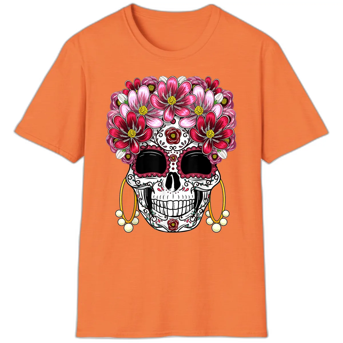 Sugar Skull with Floral Crown and Ornate Details T-Shirt in Heather Orange