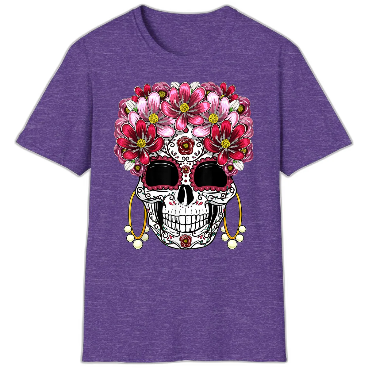 Sugar Skull with Floral Crown and Ornate Details T-Shirt in Heather Purple