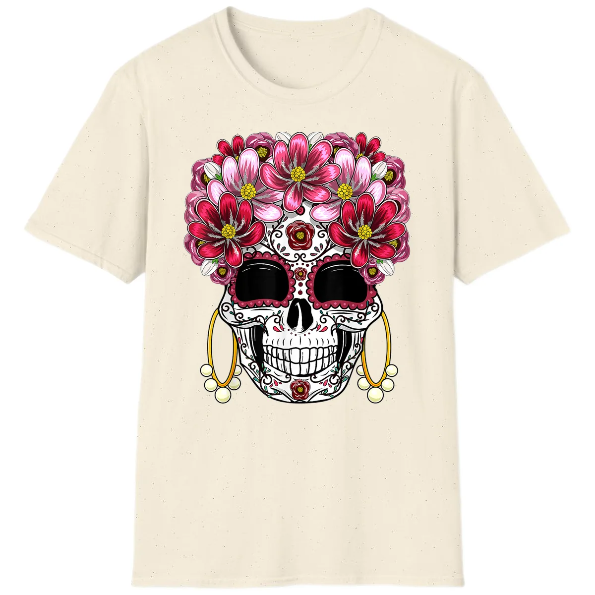 Sugar Skull with Floral Crown and Ornate Details T-Shirt in Natural