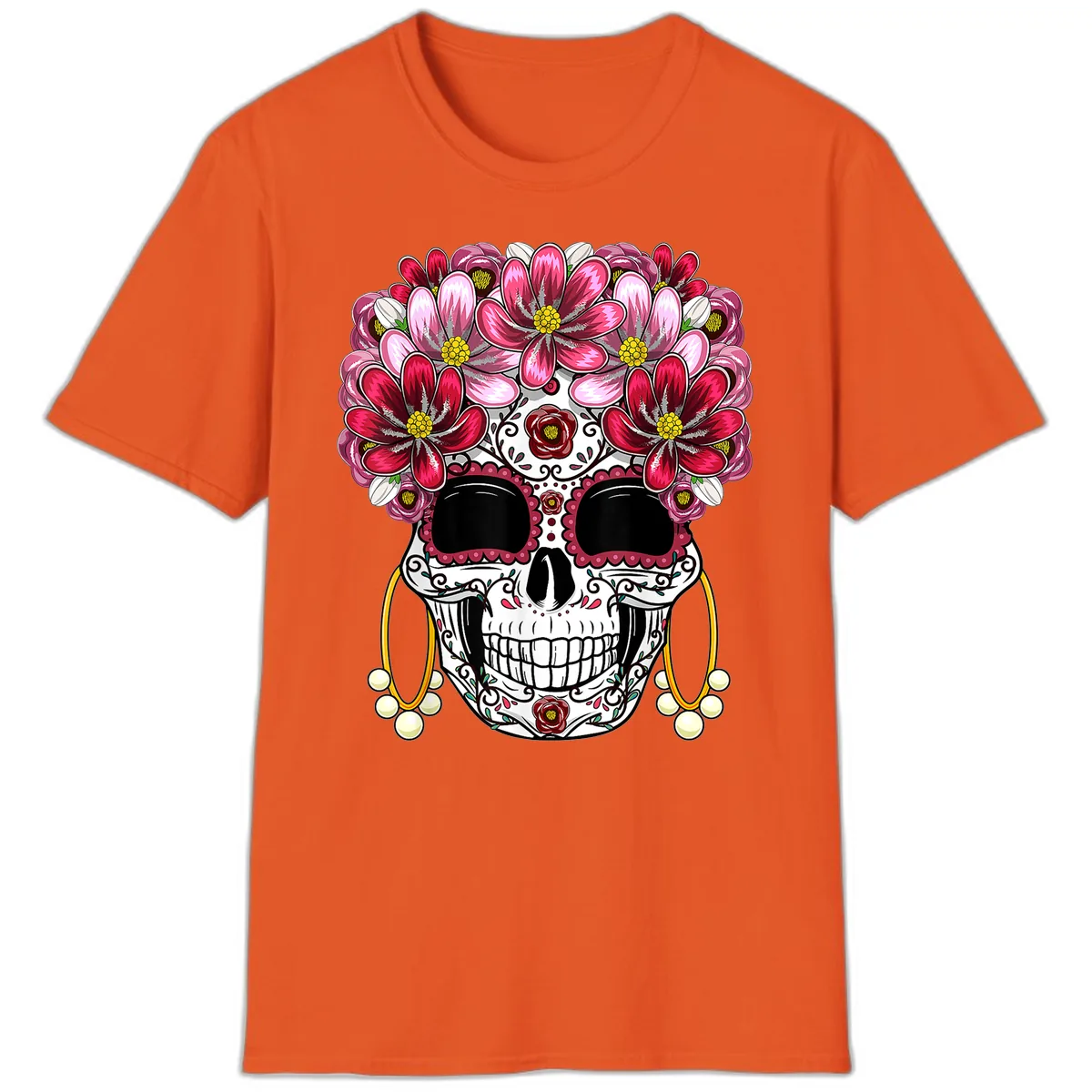 Sugar Skull with Floral Crown and Ornate Details T-Shirt in Orange