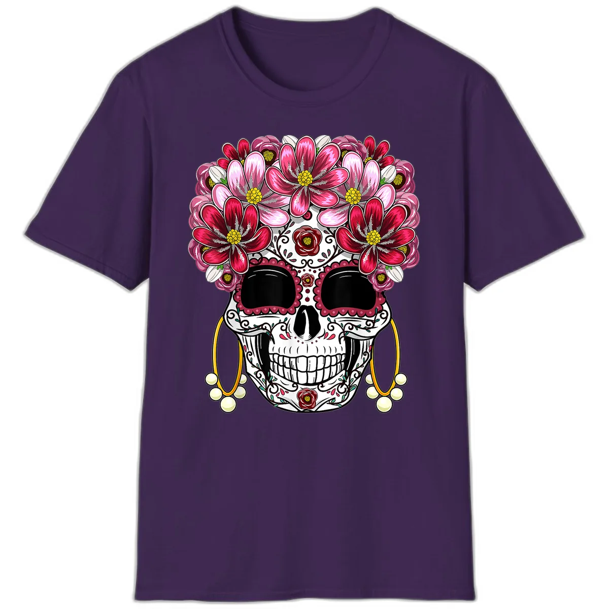 Sugar Skull with Floral Crown and Ornate Details T-Shirt in Purple