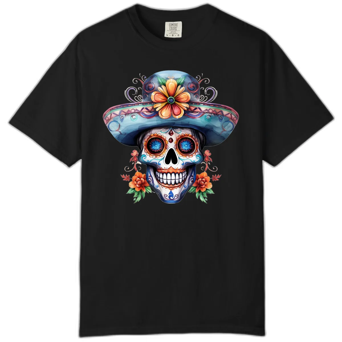 Vibrant Calavera Skull with Floral Sombrero Comfort Color in Black