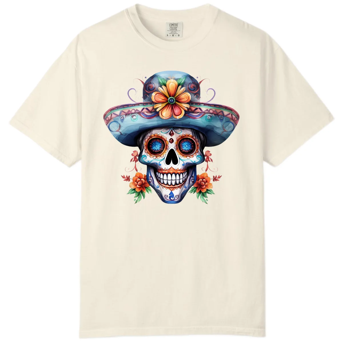 Vibrant Calavera Skull with Floral Sombrero Comfort Color in Ivory