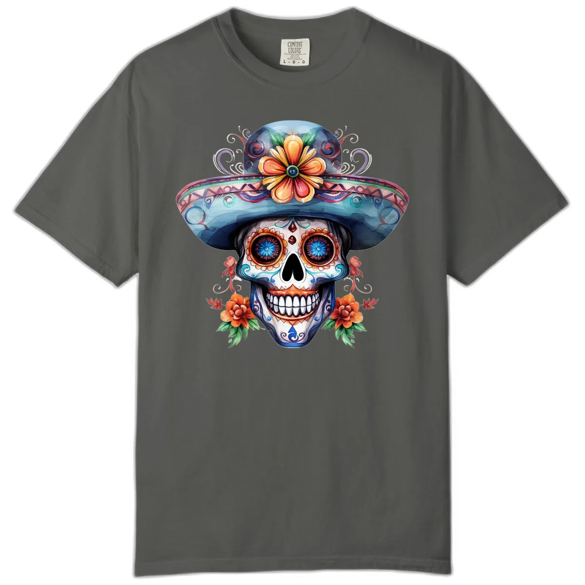 Vibrant Calavera Skull with Floral Sombrero Comfort Color in Pepper