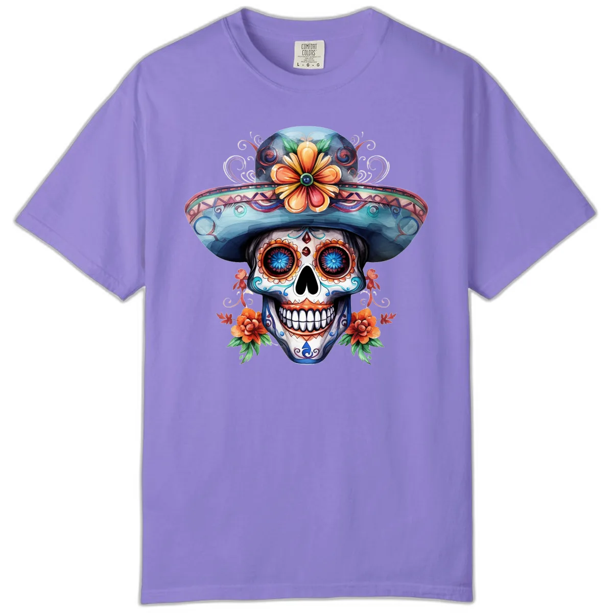 Vibrant Calavera Skull with Floral Sombrero Comfort Color in Violet