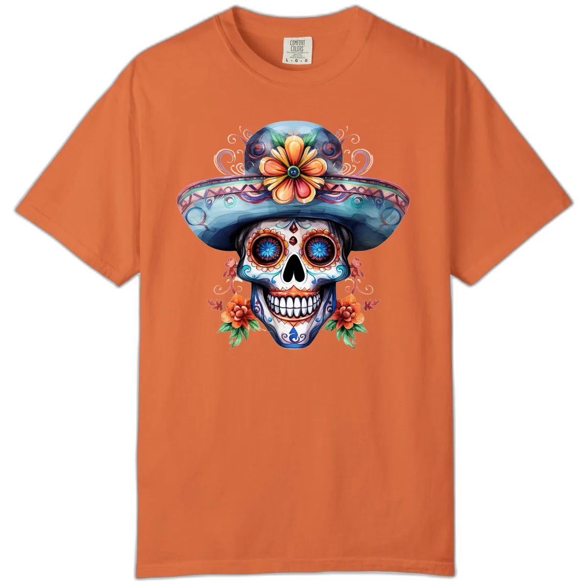 Vibrant Calavera Skull with Floral Sombrero Comfort Color in Burnt Orange