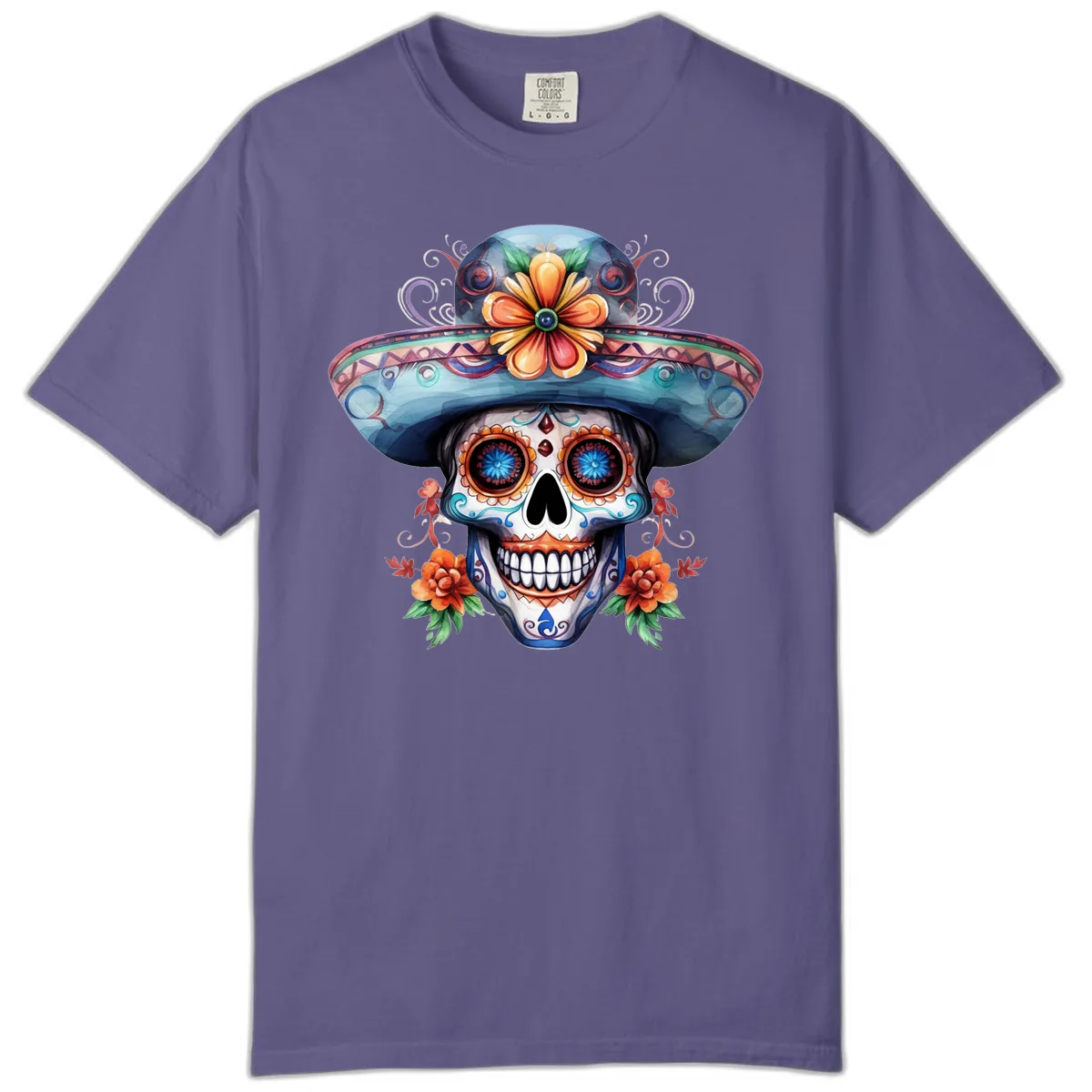 Vibrant Calavera Skull with Floral Sombrero Comfort Color in Grape