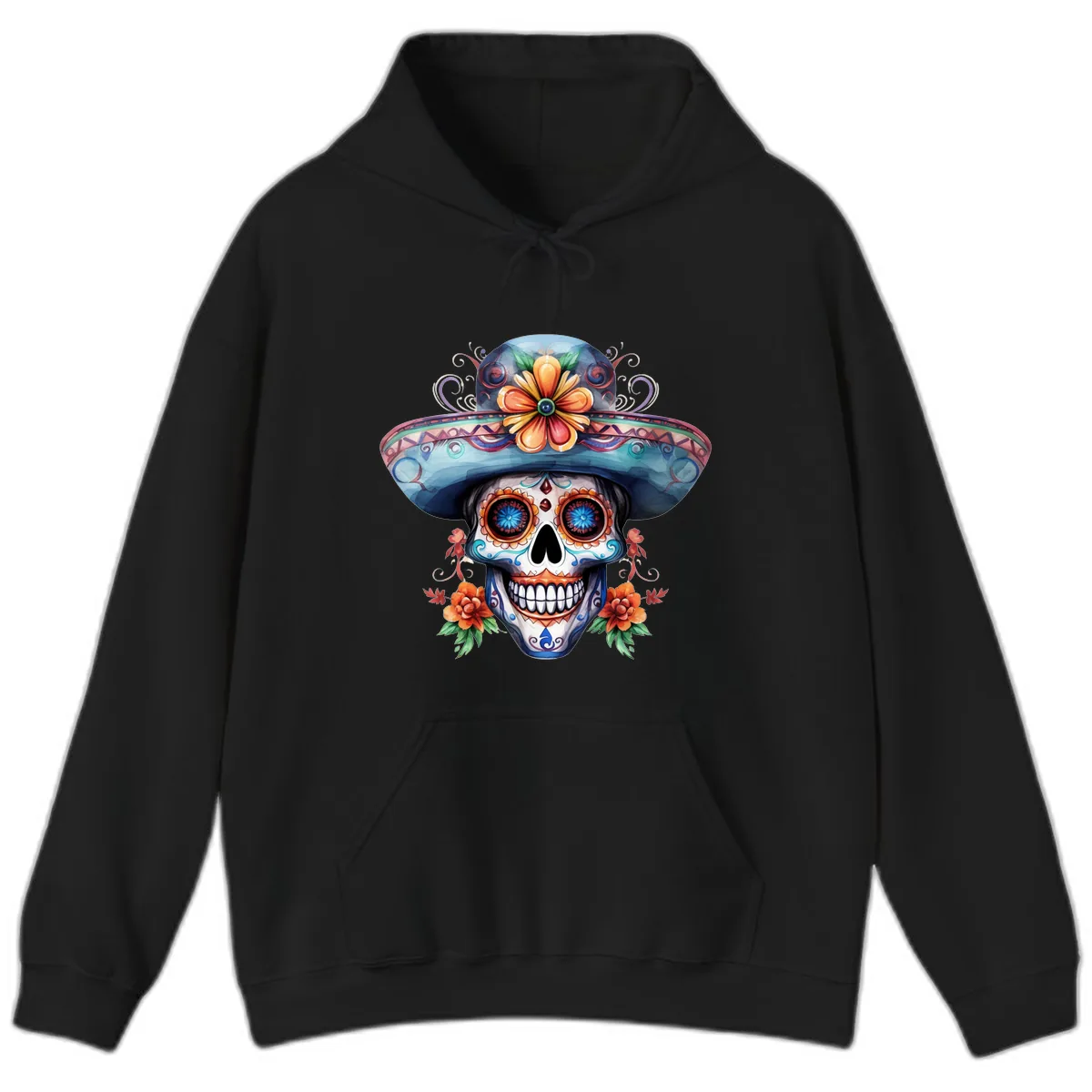 Vibrant Calavera Skull with Floral Sombrero Hoodie in Black