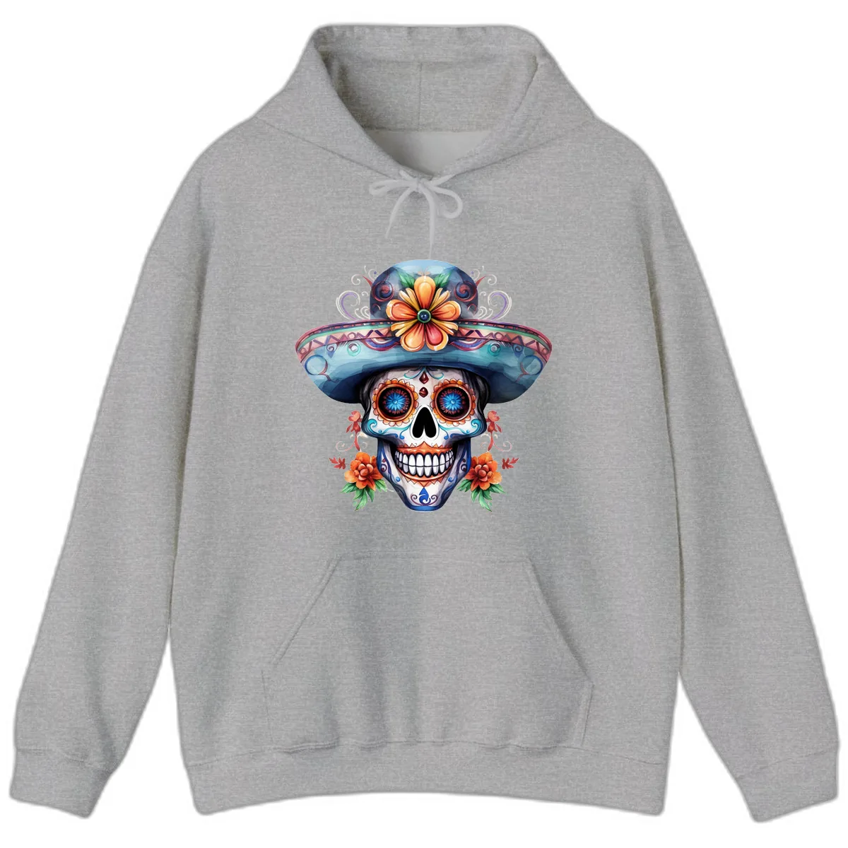 Vibrant Calavera Skull with Floral Sombrero Hoodie in Sport Grey