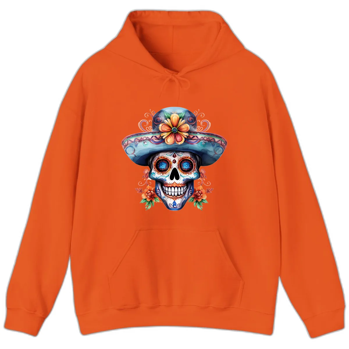 Vibrant Calavera Skull with Floral Sombrero Hoodie in Orange