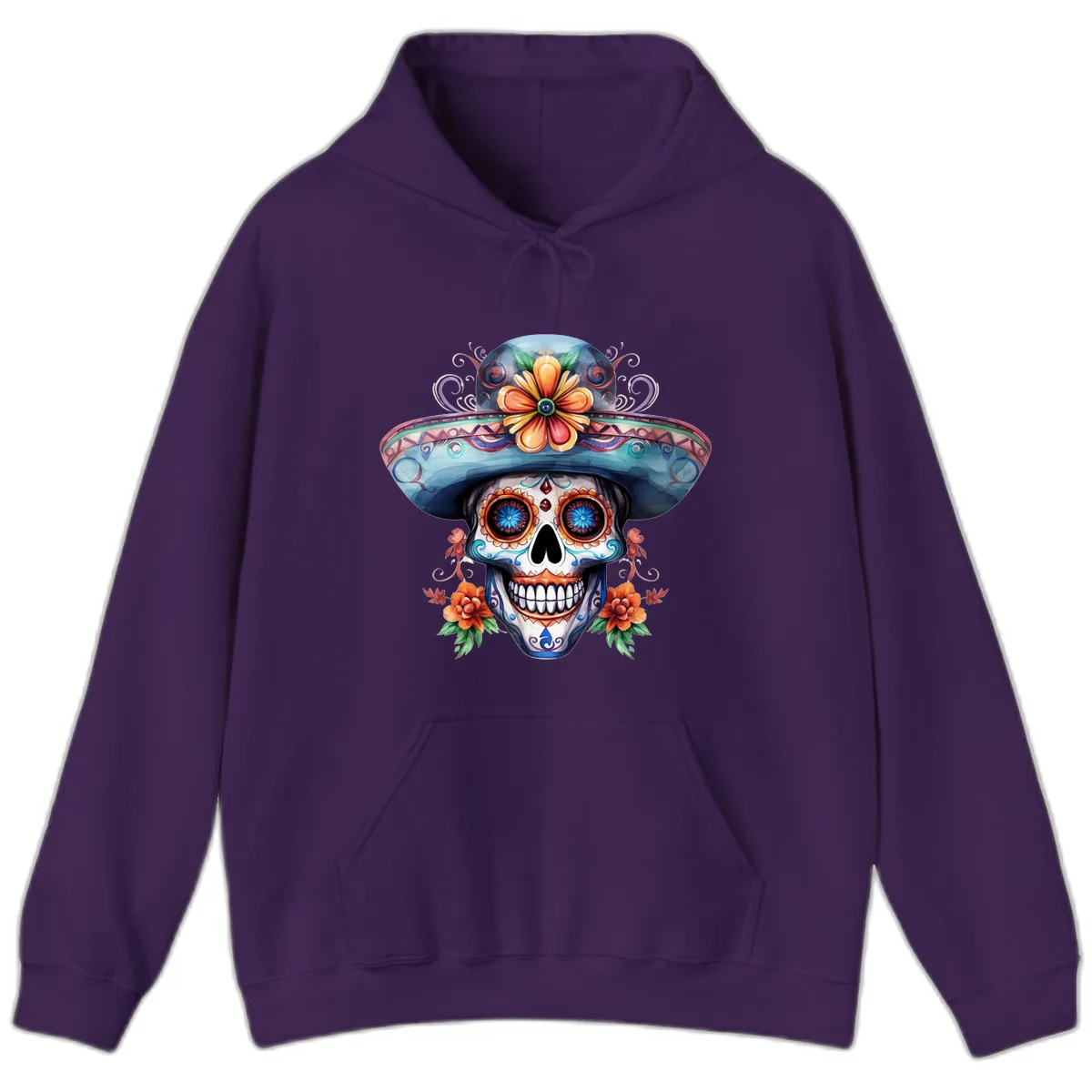 Vibrant Calavera Skull with Floral Sombrero Hoodie in Purple