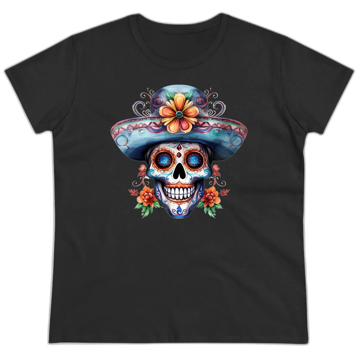Vibrant Calavera Skull with Floral Sombrero Ladies Tee in Black