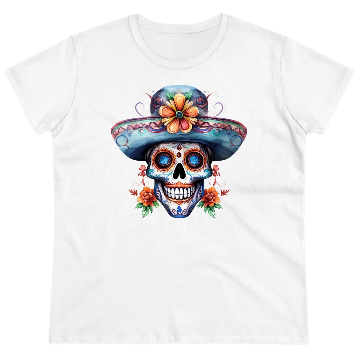 Vibrant Calavera Skull with Floral Sombrero Ladies Tee in White