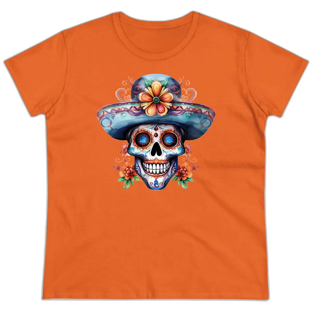 Vibrant Calavera Skull with Floral Sombrero Ladies Tee in Orange
