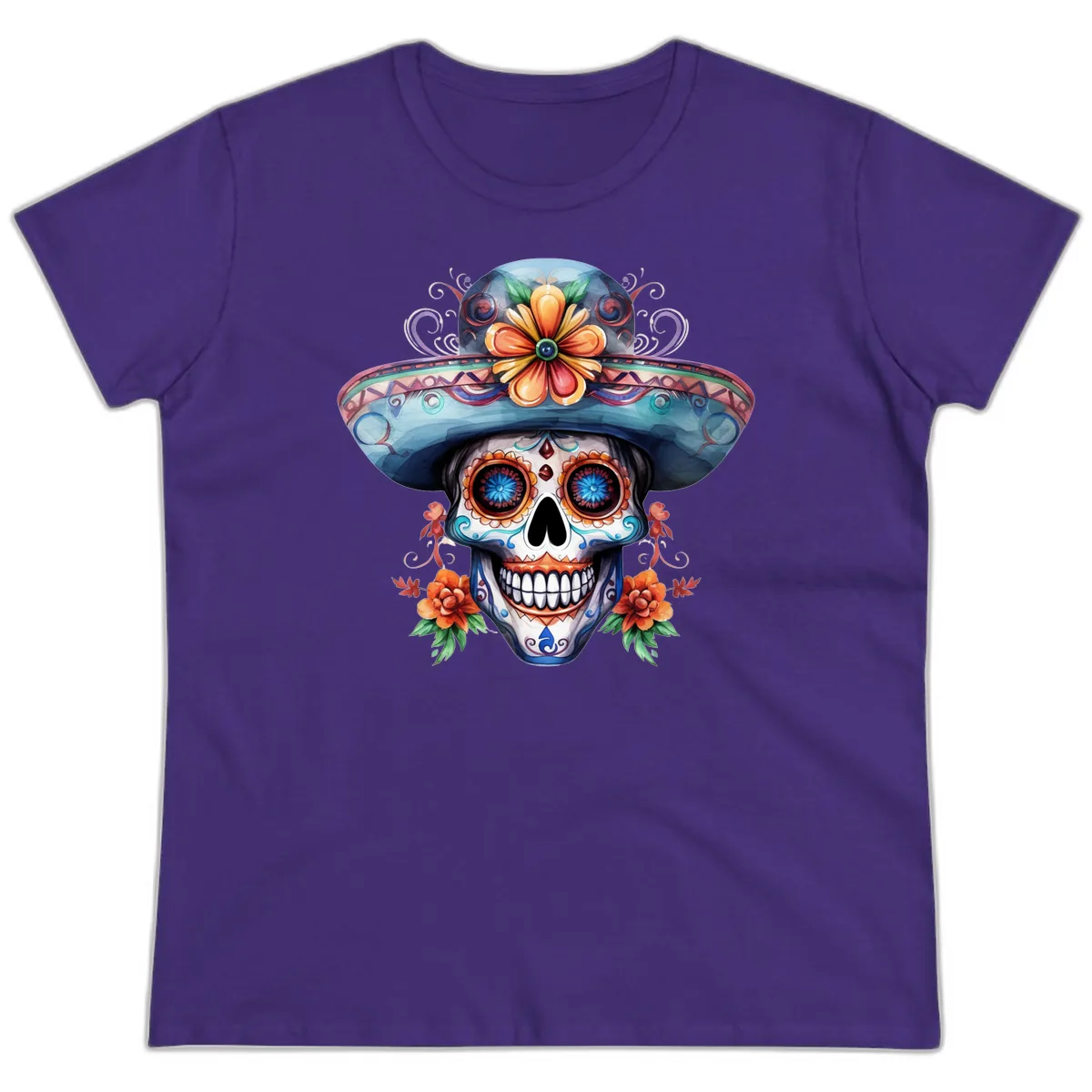 Vibrant Calavera Skull with Floral Sombrero Ladies Tee in Purple