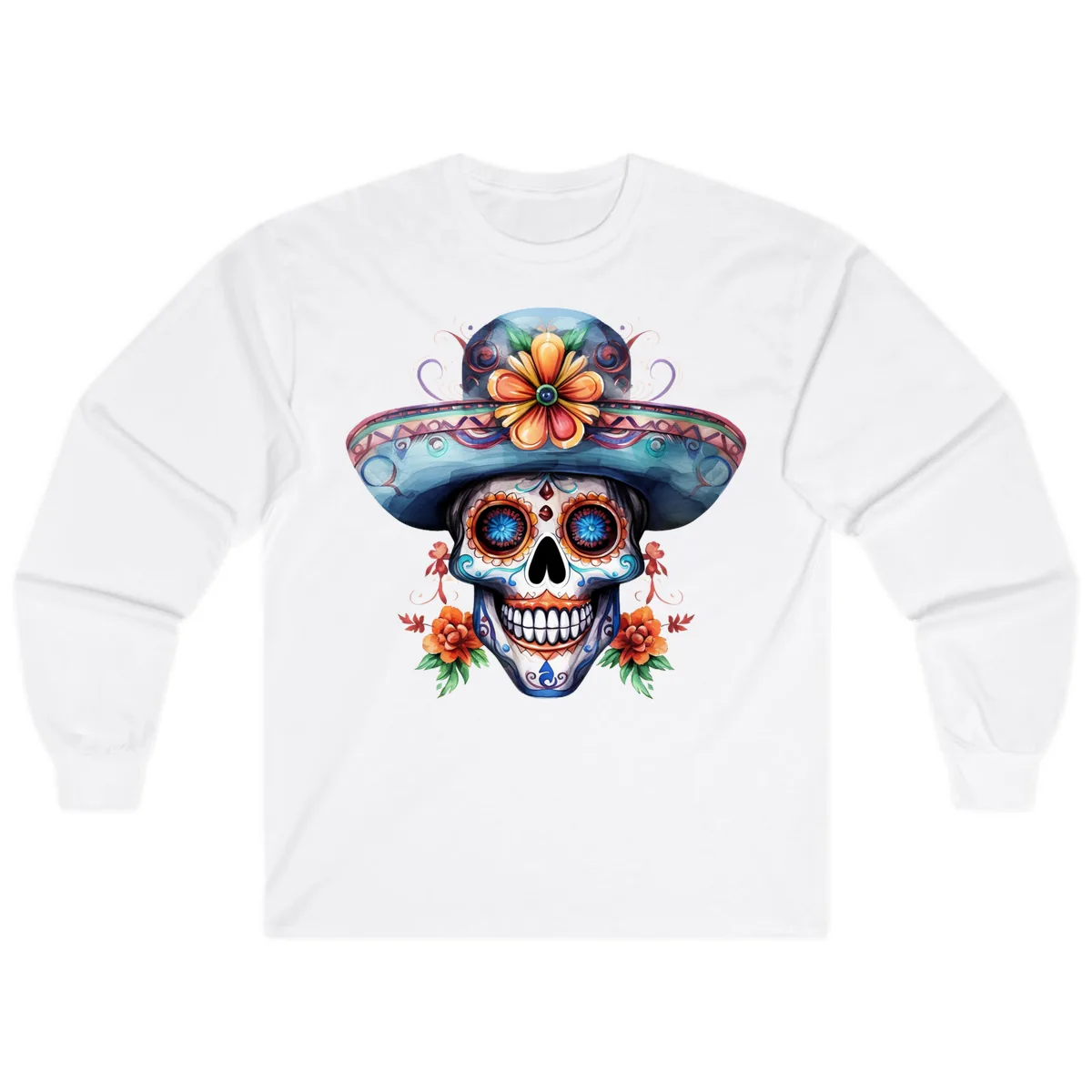 Vibrant Calavera Skull with Floral Sombrero Long Sleeve in White
