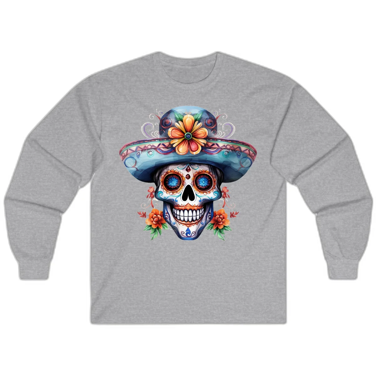 Vibrant Calavera Skull with Floral Sombrero Long Sleeve in Sport Grey