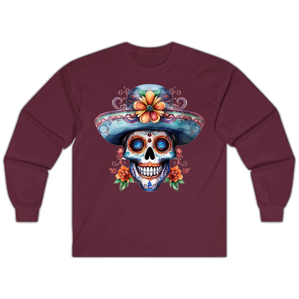 Vibrant Calavera Skull with Floral Sombrero Long Sleeve in Maroon
