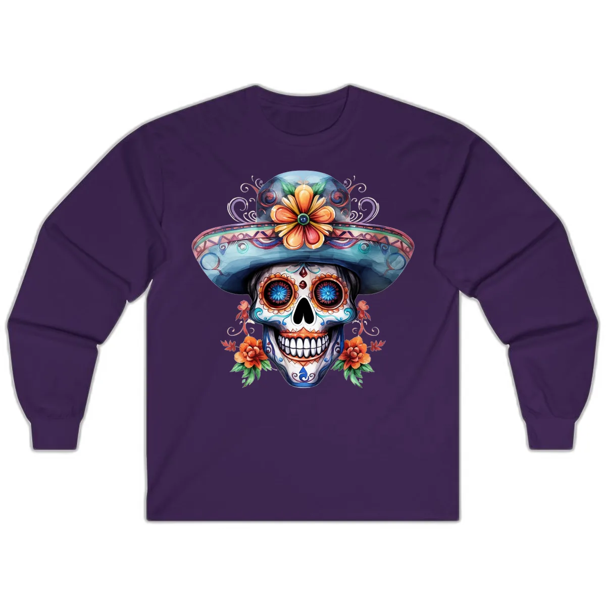 Vibrant Calavera Skull with Floral Sombrero Long Sleeve in Purple