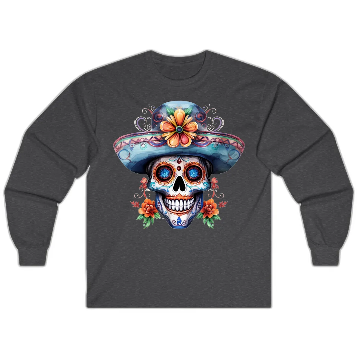 Vibrant Calavera Skull with Floral Sombrero Long Sleeve in Dark Heather