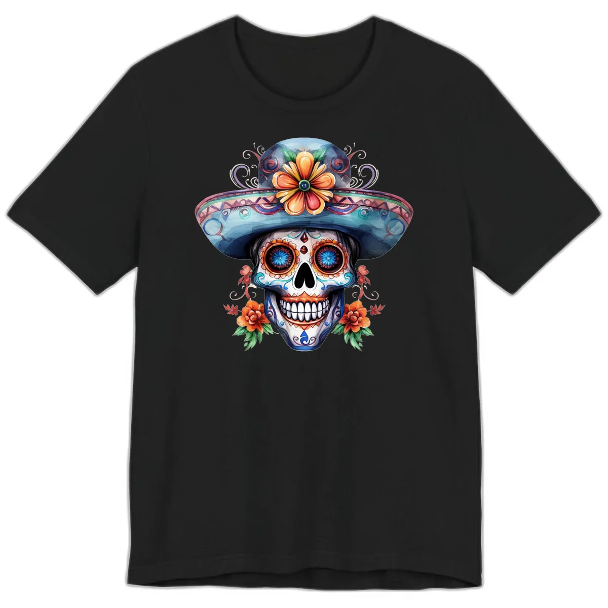 Vibrant Calavera Skull with Floral Sombrero Premium T-Shirt in Black